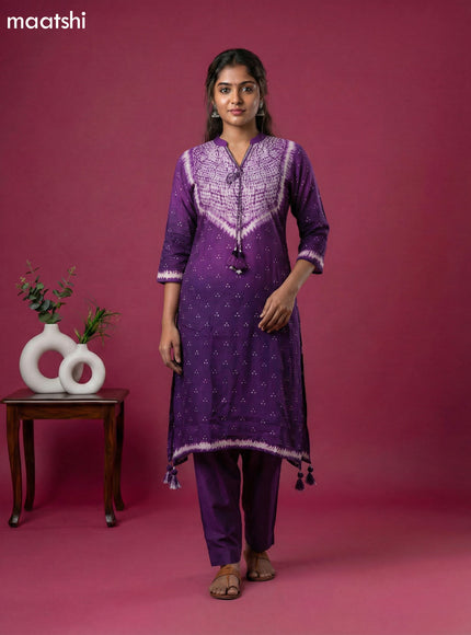 Purple Art Tussar Shibori Printed Fish Cut Kurti Set