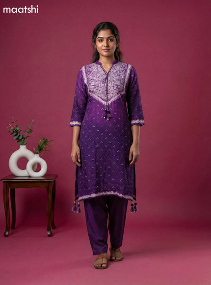 Purple Art Tussar Shibori Printed Fish Cut Kurti Set