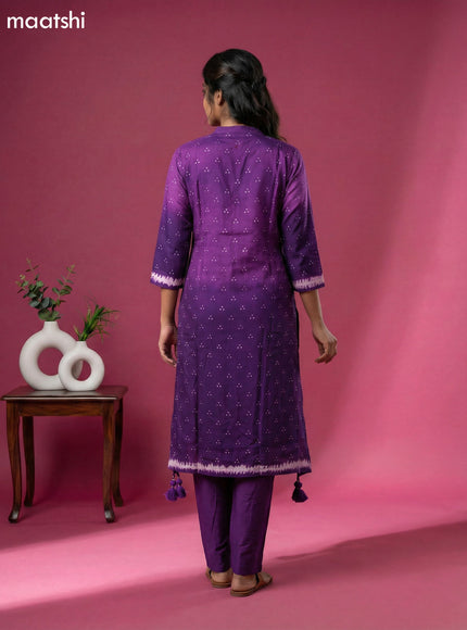 Purple Art Tussar Shibori Printed Fish Cut Kurti Set
