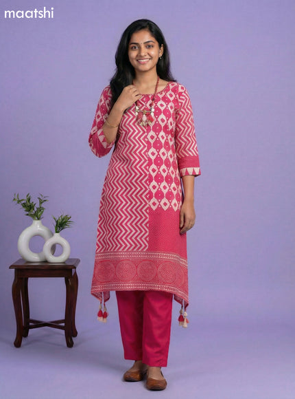 Pink and Beige Art Tussar Printed Fish Cut Kurti Set