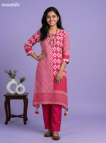 Pink and Beige Art Tussar Printed Fish Cut Kurti Set