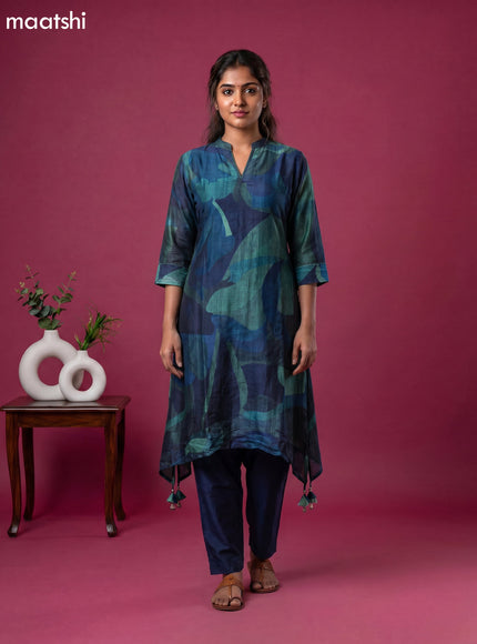 Peacock Blue Art Tussar Printed Fish Cut Kurti Set