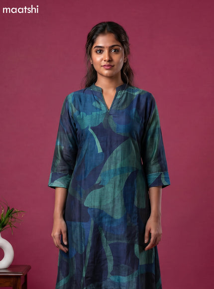 Peacock Blue Art Tussar Printed Fish Cut Kurti Set