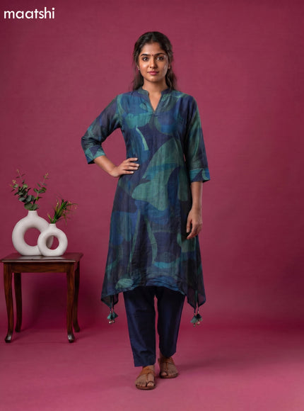 Peacock Blue Art Tussar Printed Fish Cut Kurti Set