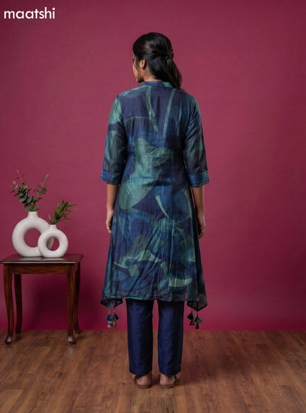Peacock Blue Art Tussar Printed Fish Cut Kurti Set