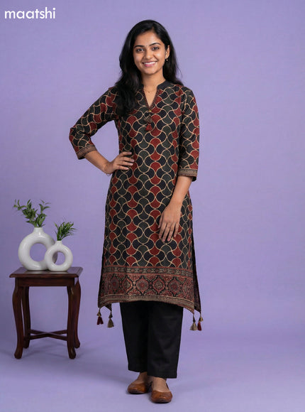Black and Maroon Art Tussar Printed Fish Cut Kurti Set