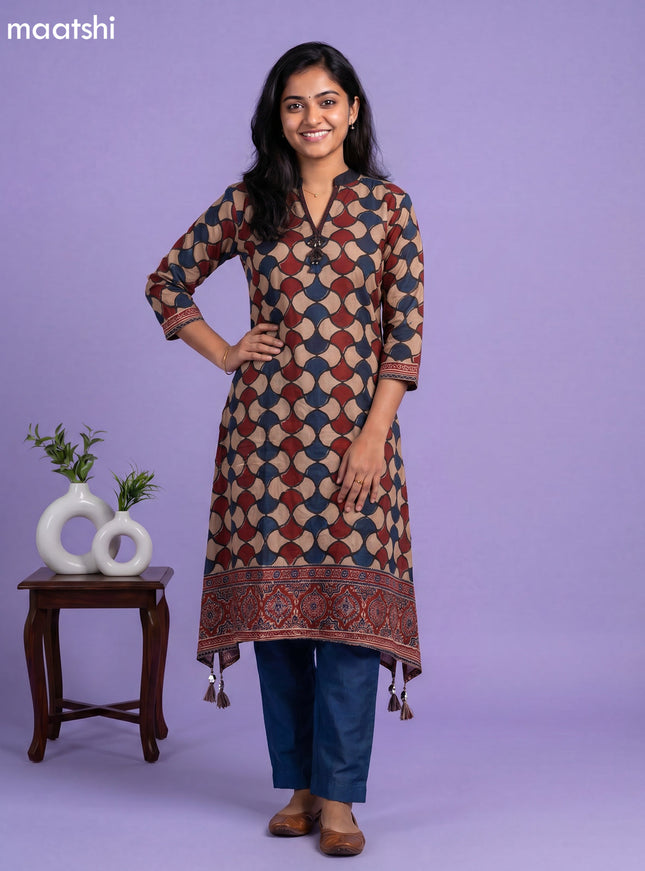 Beige Maroon and Peacock Blue Art Tussar Printed Fish Cut Kurti Set