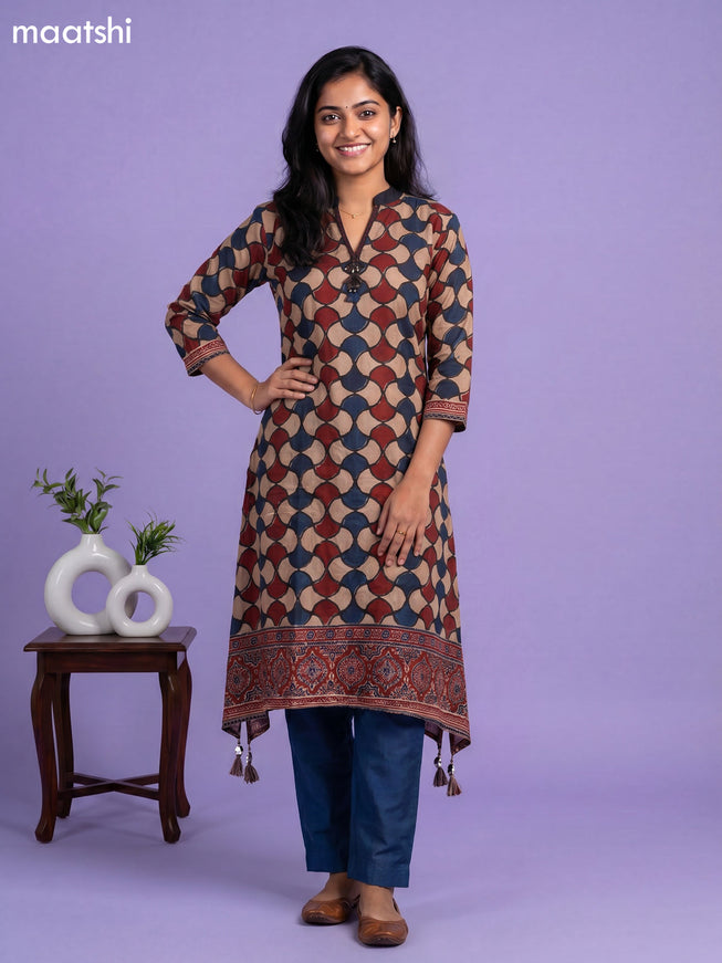 Beige Maroon and Peacock Blue Art Tussar Printed Fish Cut Kurti Set