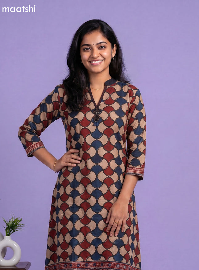 Beige Maroon and Peacock Blue Art Tussar Printed Fish Cut Kurti Set
