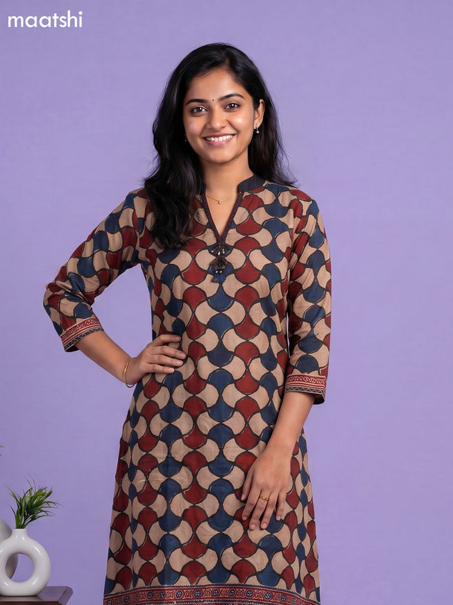 Beige Maroon and Peacock Blue Art Tussar Printed Fish Cut Kurti Set