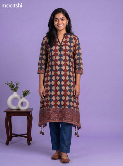 Beige Maroon and Peacock Blue Art Tussar Printed Fish Cut Kurti Set