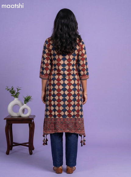 Beige Maroon and Peacock Blue Art Tussar Printed Fish Cut Kurti Set
