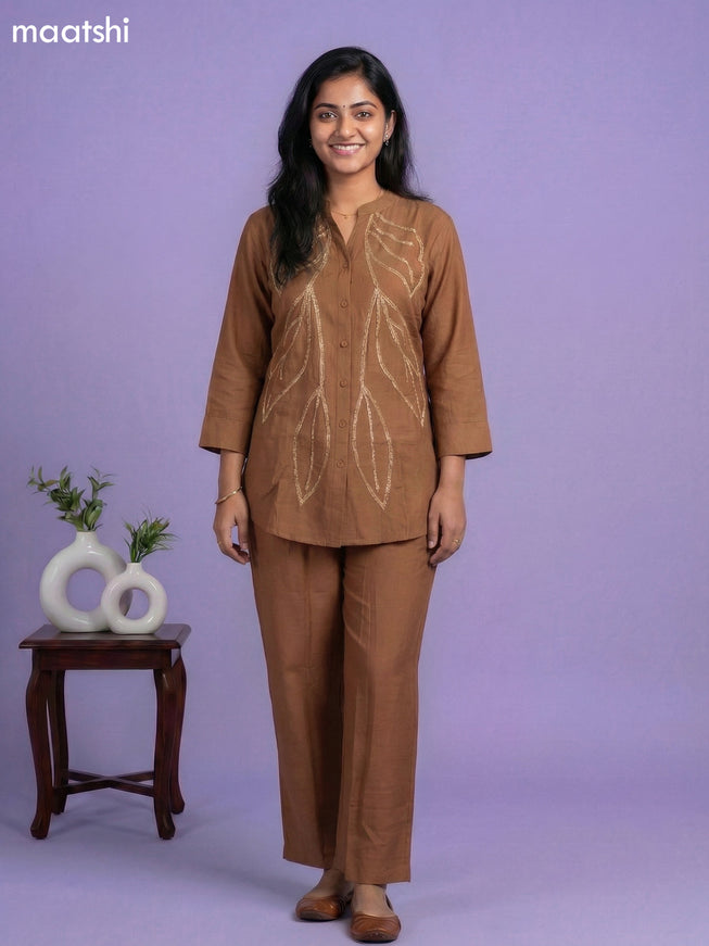 Brown Rayon Embroidery Work Short Co-Ord Set