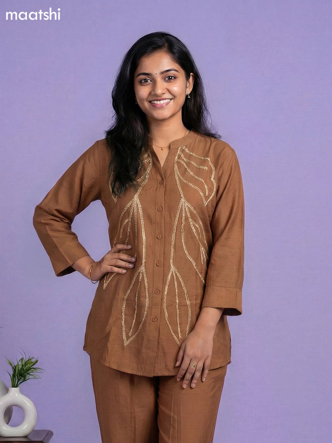 Brown Rayon Embroidery Work Short Co-Ord Set