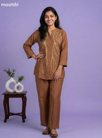 Brown Rayon Embroidery Work Short Co-Ord Set
