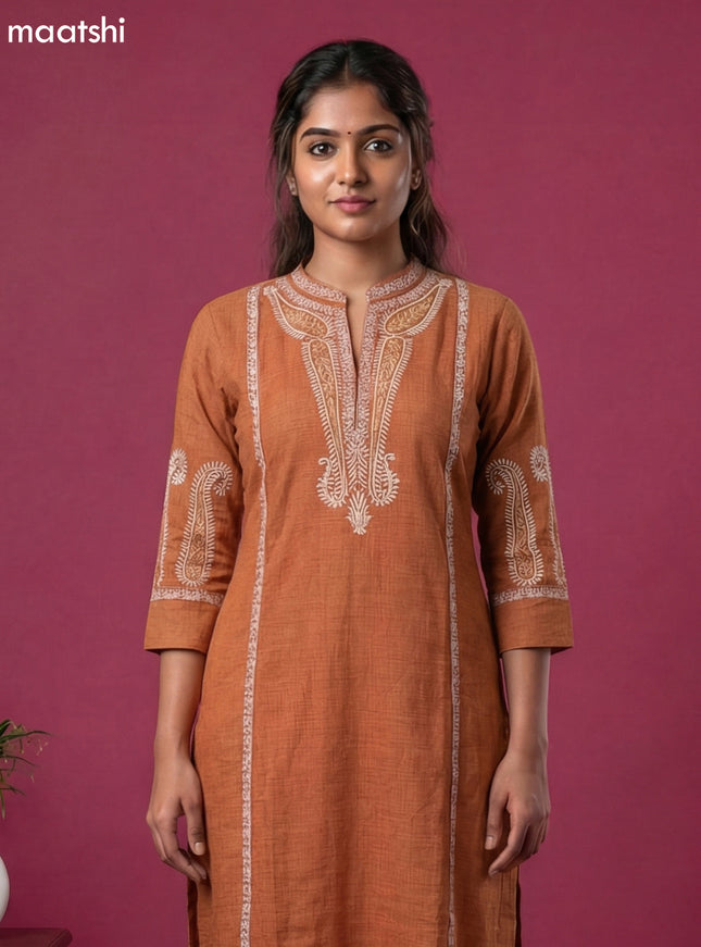Dark Rust Rayon Simple Embroidery Work Kurti Set