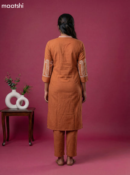 Dark Rust Rayon Simple Embroidery Work Kurti Set