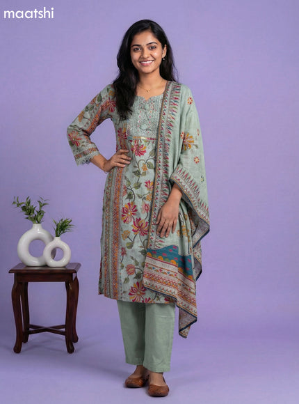 Pastel Green Linen Cotton Kalamkari Printed & Lace Work Straight Suit
