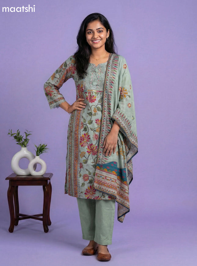 Pastel Green Linen Cotton Kalamkari Printed & Lace Work Straight Suit