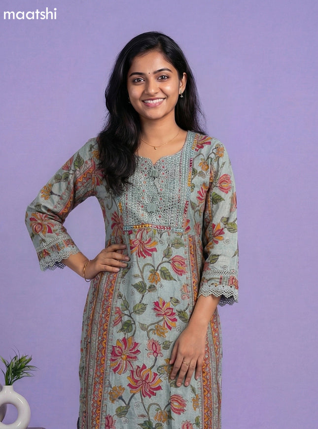 Pastel Green Linen Cotton Kalamkari Printed & Lace Work Straight Suit