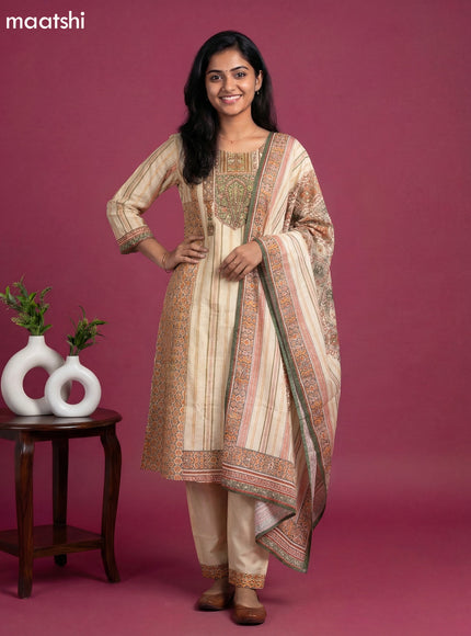 Cream and Peach Green Art Tussar Printed & Embroidery Work Anarkali Suit