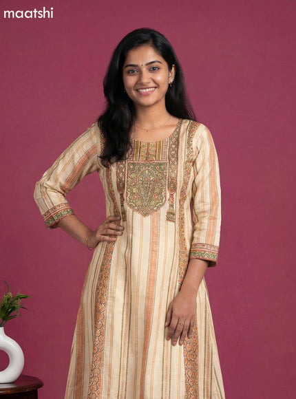 Cream and Peach Green Art Tussar Printed & Embroidery Work Anarkali Suit