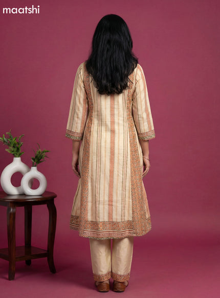 Cream and Peach Green Art Tussar Printed & Embroidery Work Anarkali Suit
