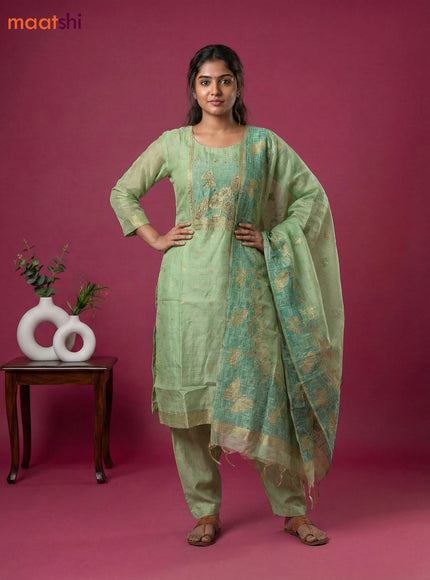 Pastel Green Chanderi Embroidery Work Straight Suit