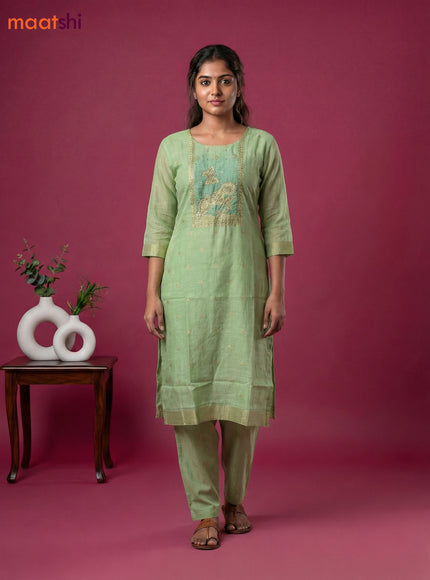 Pastel Green Chanderi Embroidery Work Straight Suit