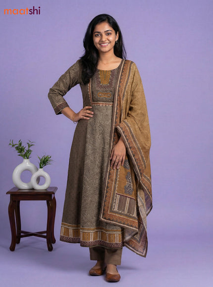 Dark Mehendi Green Muslin Printed & Embroidery Work Anarkali Suit