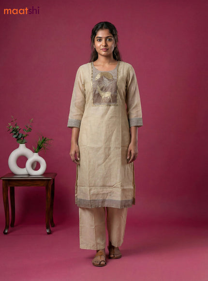 Beige and Brown Chanderi Embroidery Work Straight Suit
