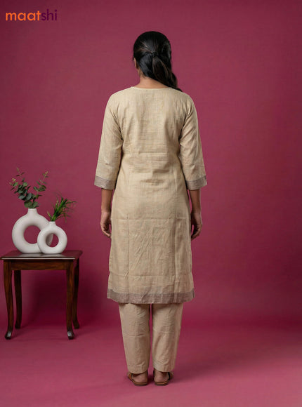 Beige and Brown Chanderi Embroidery Work Straight Suit