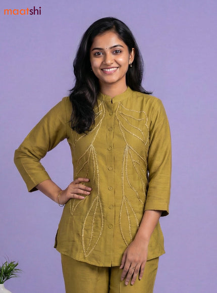 Mustard Green Rayon Embroidery Work Short Co-Ord Set