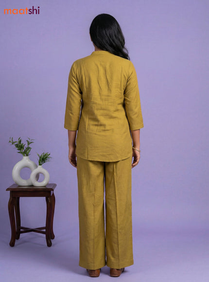 Mustard Green Rayon Embroidery Work Short Co-Ord Set