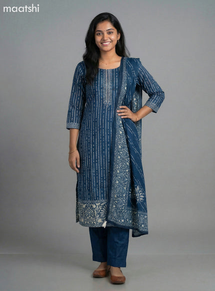 Peacock Blue Art Tussar Bandhani Printed Straight Suit