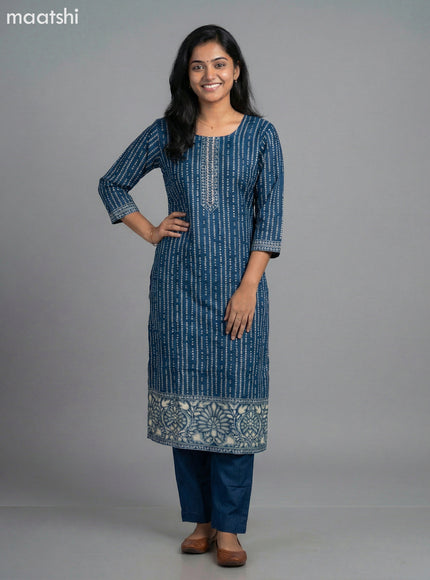 Peacock Blue Art Tussar Bandhani Printed Straight Suit