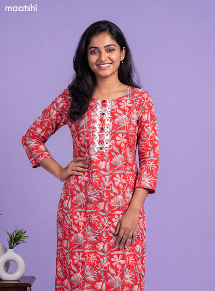 Cotton readymade kurti set red and off white with allover floral prints & simple neck pattern and straight cut pant