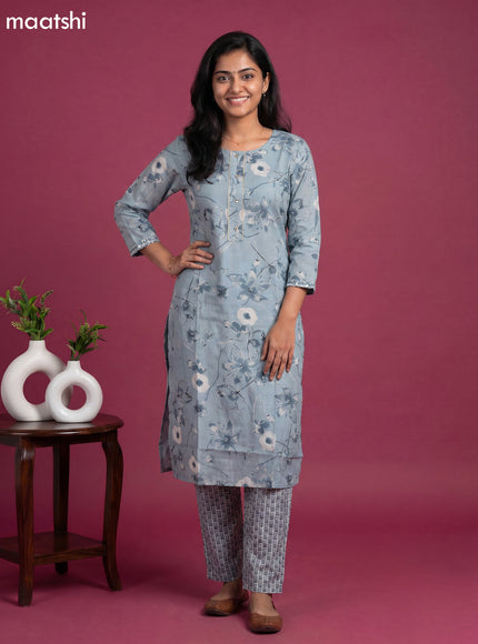 Muslin readymade kurti set grey and off white with allover floral prints & simple neck pattern and straight cut pant