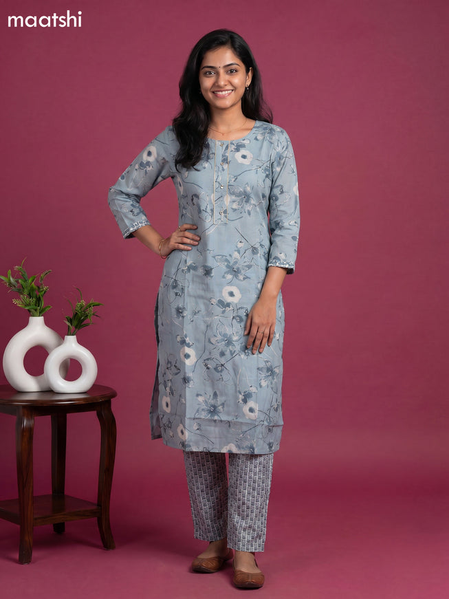 Muslin readymade kurti set grey and off white with allover floral prints & simple neck pattern and straight cut pant