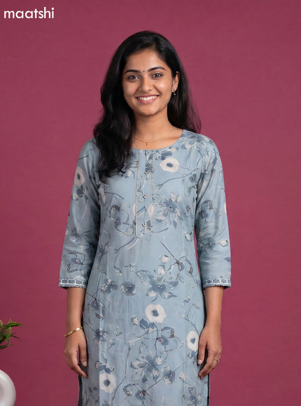 Muslin readymade kurti set grey and off white with allover floral prints & simple neck pattern and straight cut pant