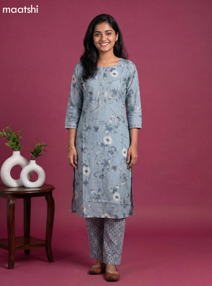 Muslin readymade kurti set grey and off white with allover floral prints & simple neck pattern and straight cut pant
