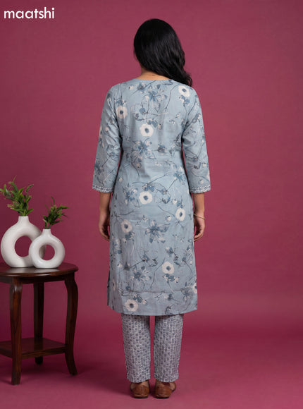 Muslin readymade kurti set grey and off white with allover floral prints & simple neck pattern and straight cut pant