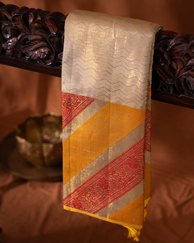 Tissue Kanchipuram Gold And With Zig Zag Pattern