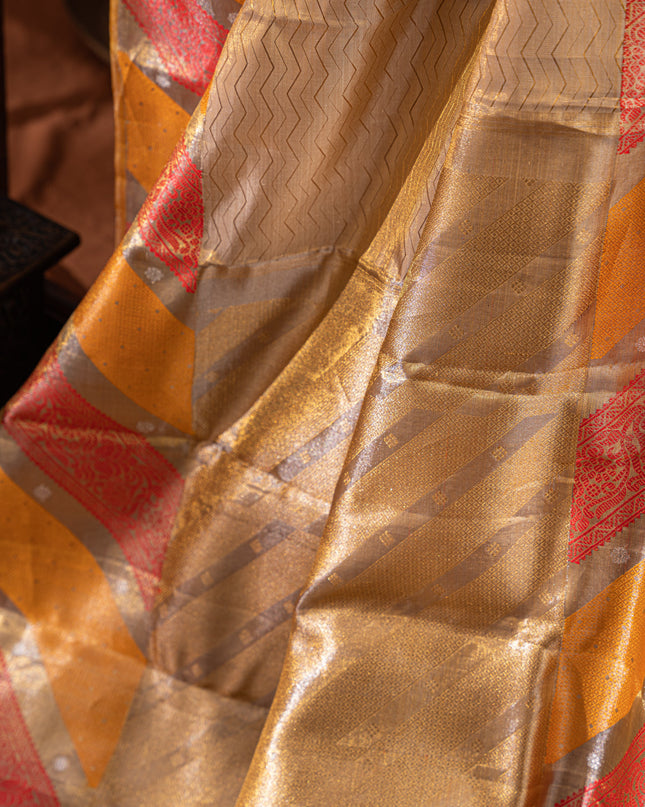 Tissue Kanchipuram Gold And With Zig Zag Pattern