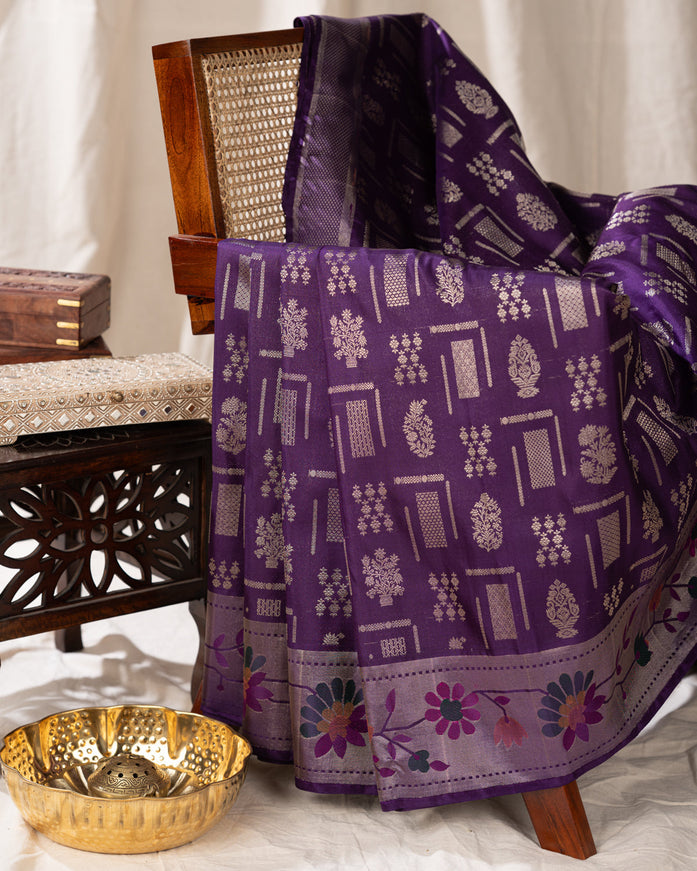 Kanchipuram Silk Violet And With Silver Brocade