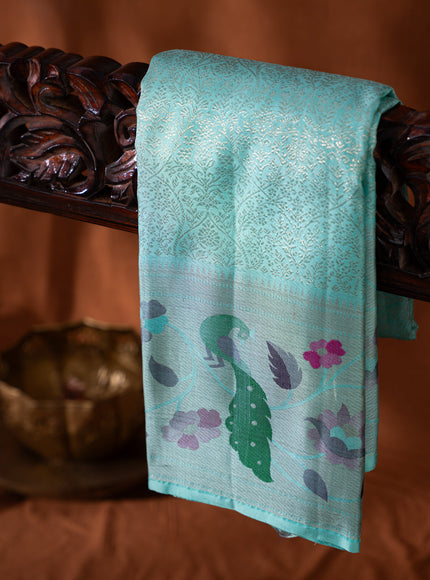 Kanchipuram Silk Teal Blue And With Silver Brocade