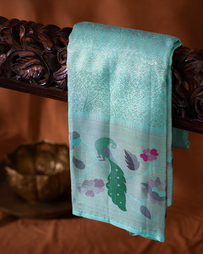 Kanchipuram Silk Teal Blue And With Silver Brocade