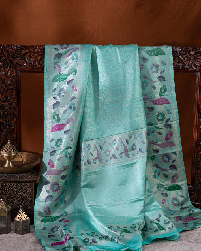 Kanchipuram Silk Teal Blue And With Silver Brocade