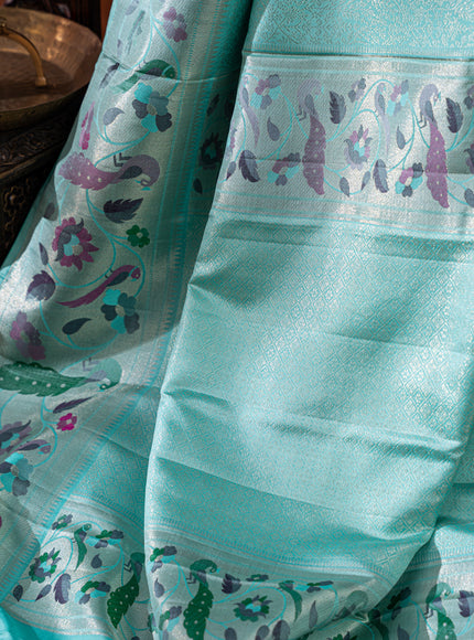 Kanchipuram Silk Teal Blue And With Silver Brocade