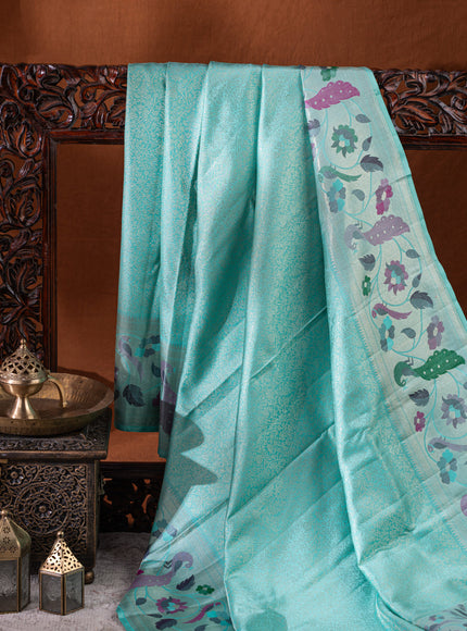 Kanchipuram Silk Teal Blue And With Silver Brocade